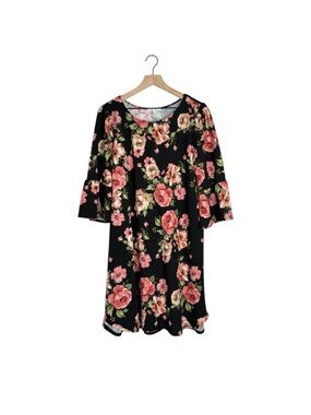 Green Envelope Floral Midi Dress 1X Black Pink Rose Ruffle Sleeve USA Stretch